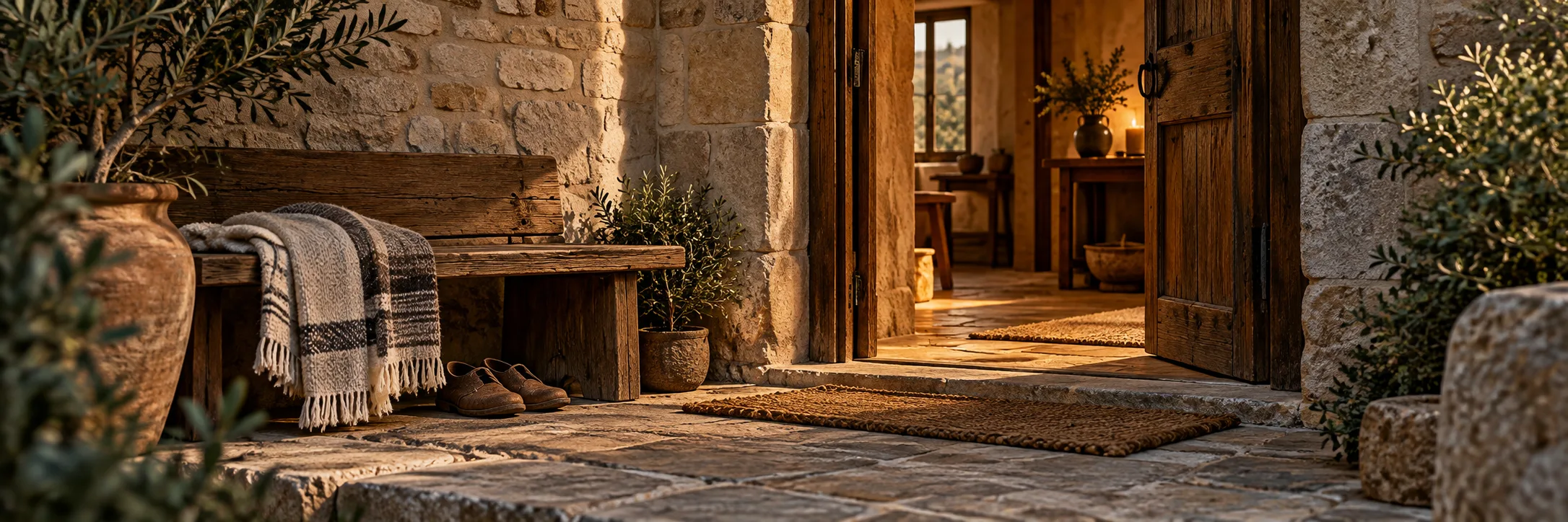 An open stone doorway with a blanket and shoes offers a place of welcome.