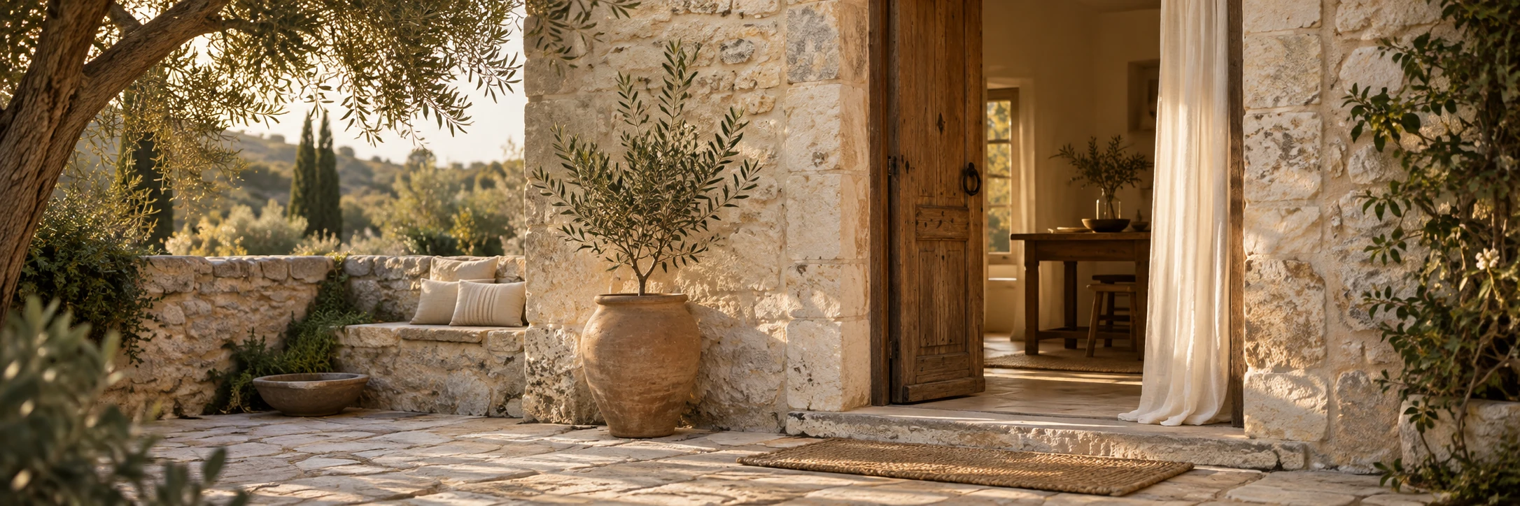 An open wooden door reveals a quiet room beyond a limestone courtyard, with a linen curtain and potted olive sapling in warm afternoon light.
