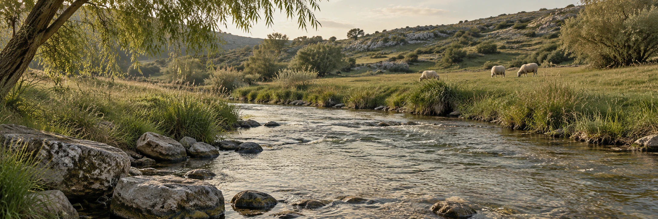 A shallow stream curves past smooth stones and reeds beneath a willow, with three sheep grazing on the distant bank in a sheltered meadow.