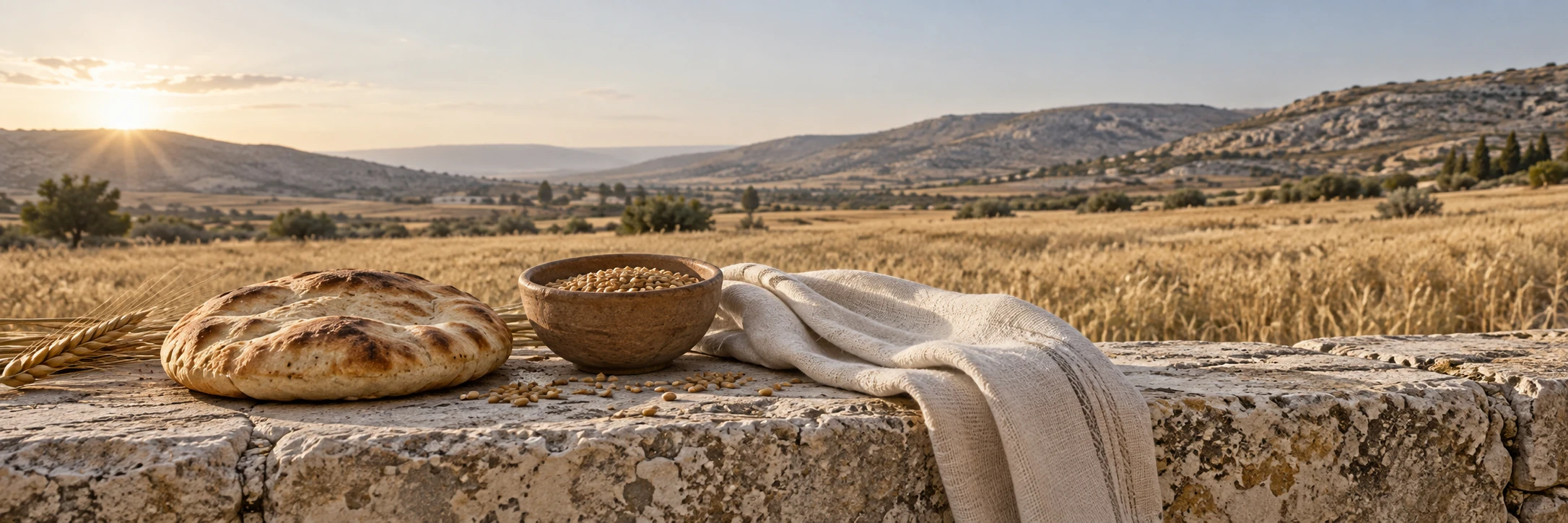 Rustic bread, a bowl of grain and a linen cloth rest on a limestone ledge overlooking a wheat field and distant hills in morning light.