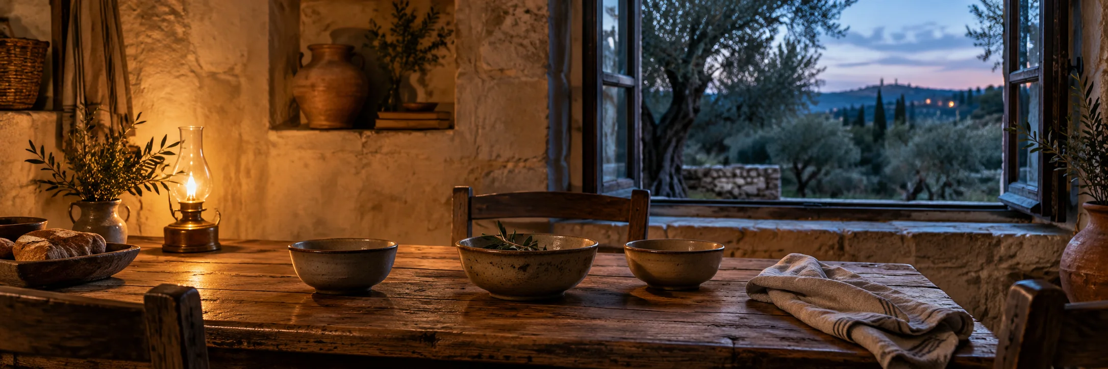 A wooden family table set with simple bowls in warm lamplight beside a window at dusk.