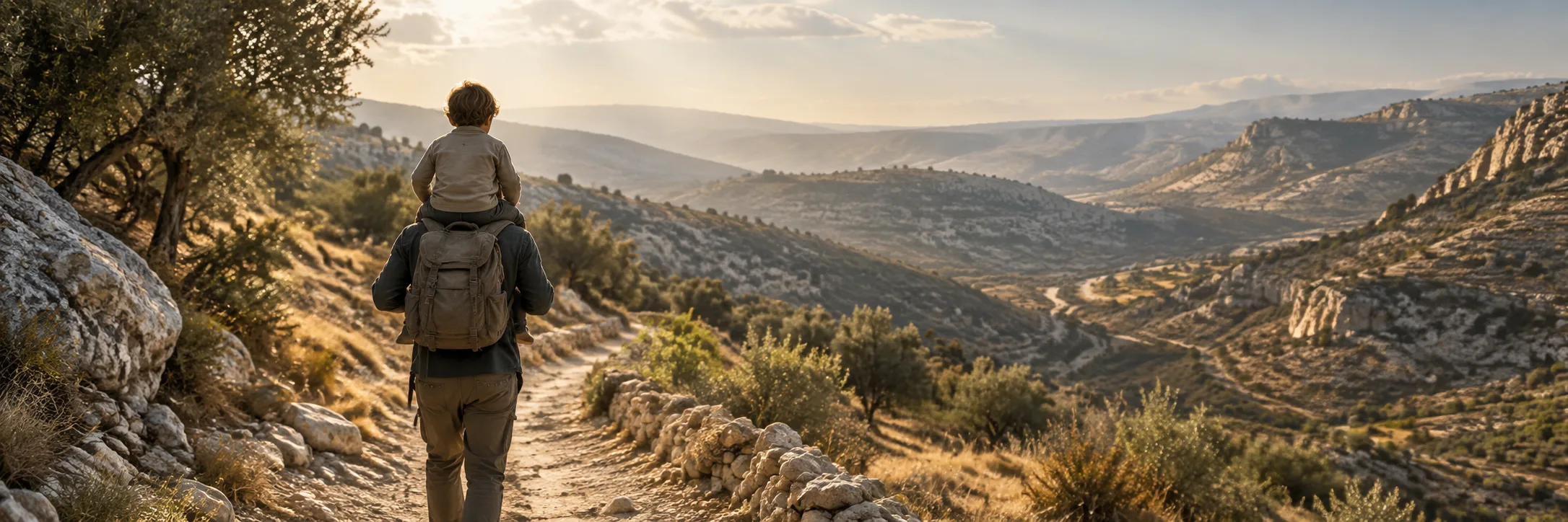 A father carries his son on his shoulders along a mountain path.
