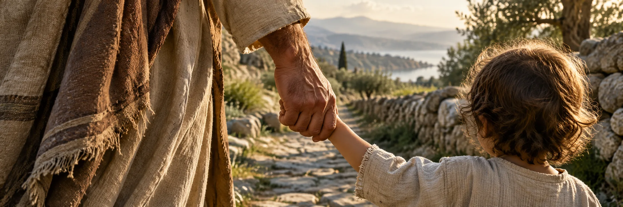A father holds his child's hand beside a sunlit stone path.
