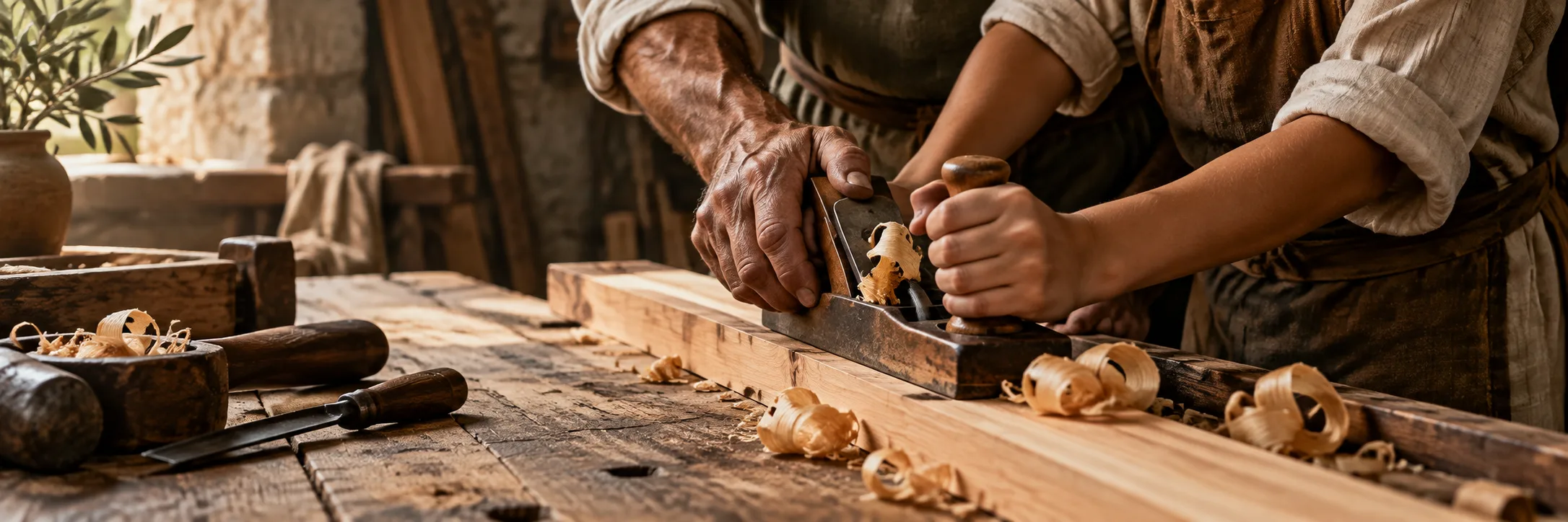 An adult and an apprentice guide a hand plane across a wooden board.