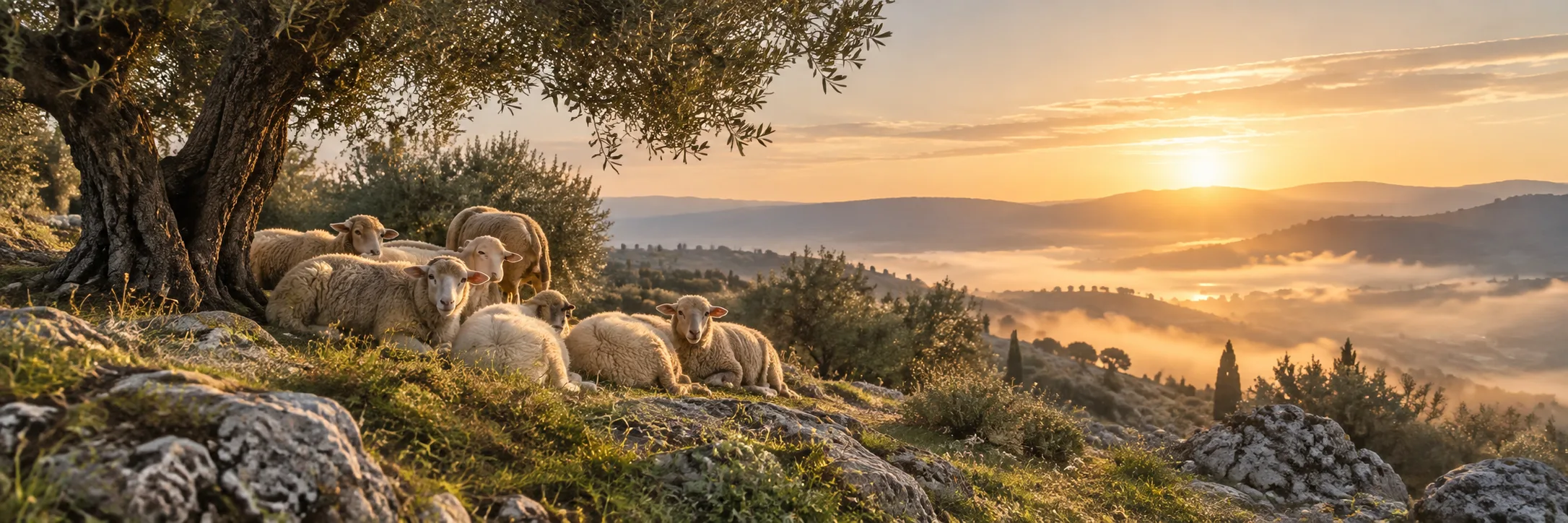 A small flock rests beneath an olive tree at dawn.