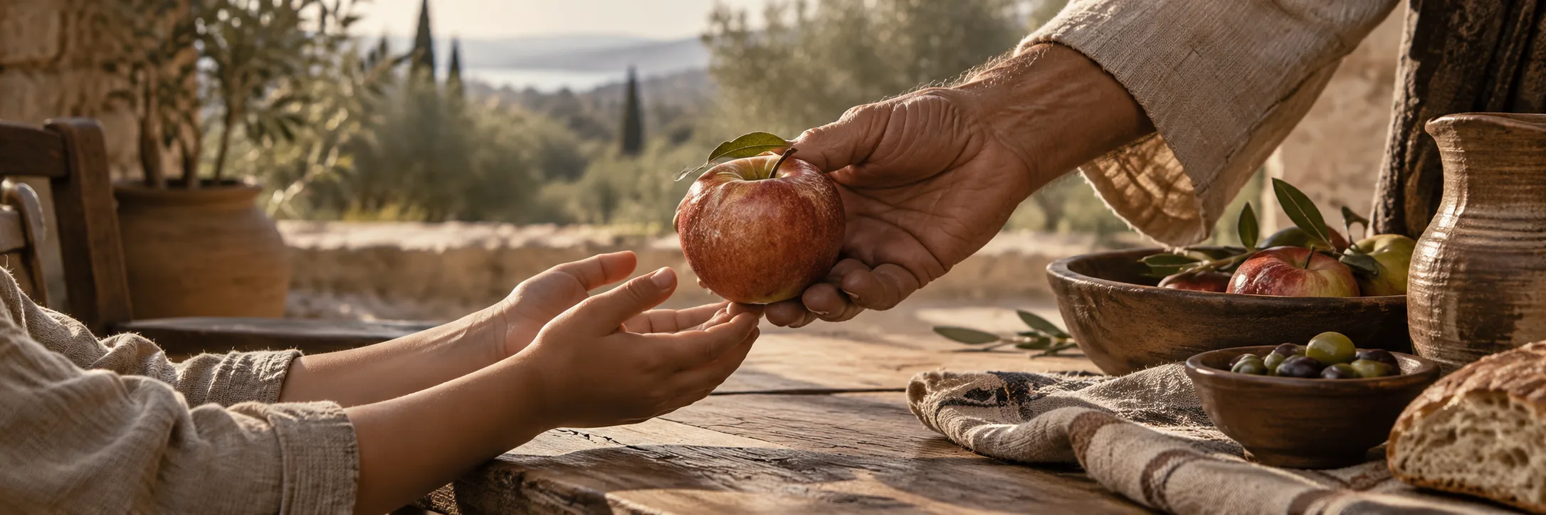 An adult places a ripe apple into a child's open hands.