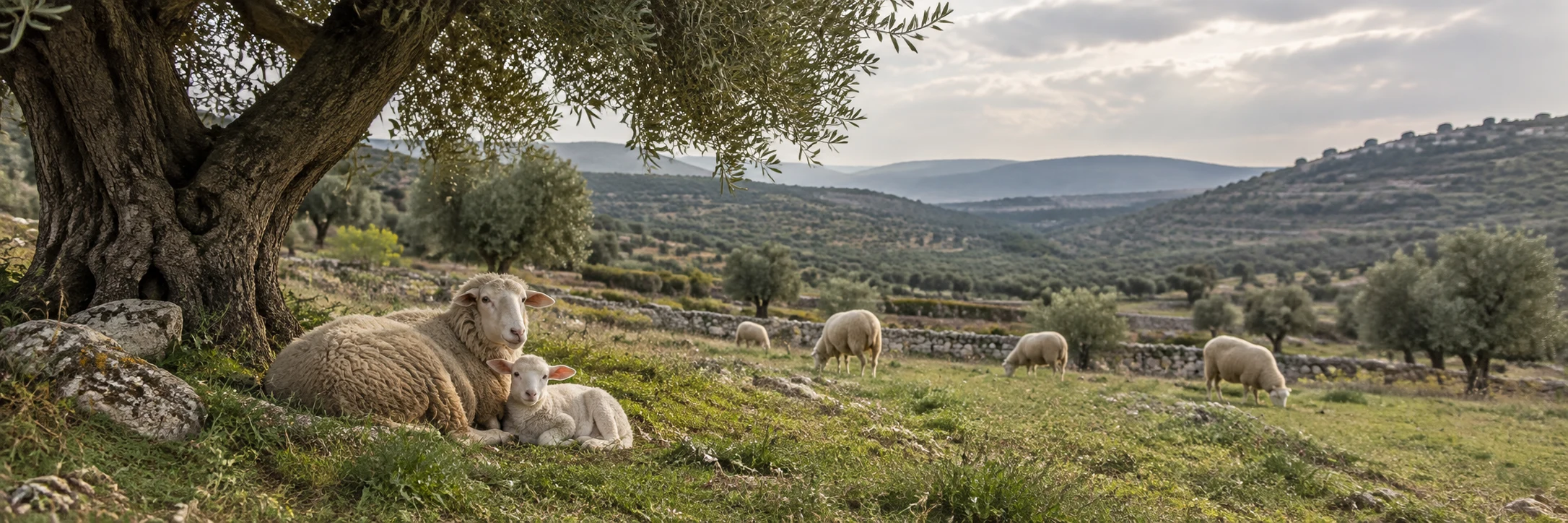 A ewe and lamb rest beneath an olive tree while sheep graze across a terraced hillside.