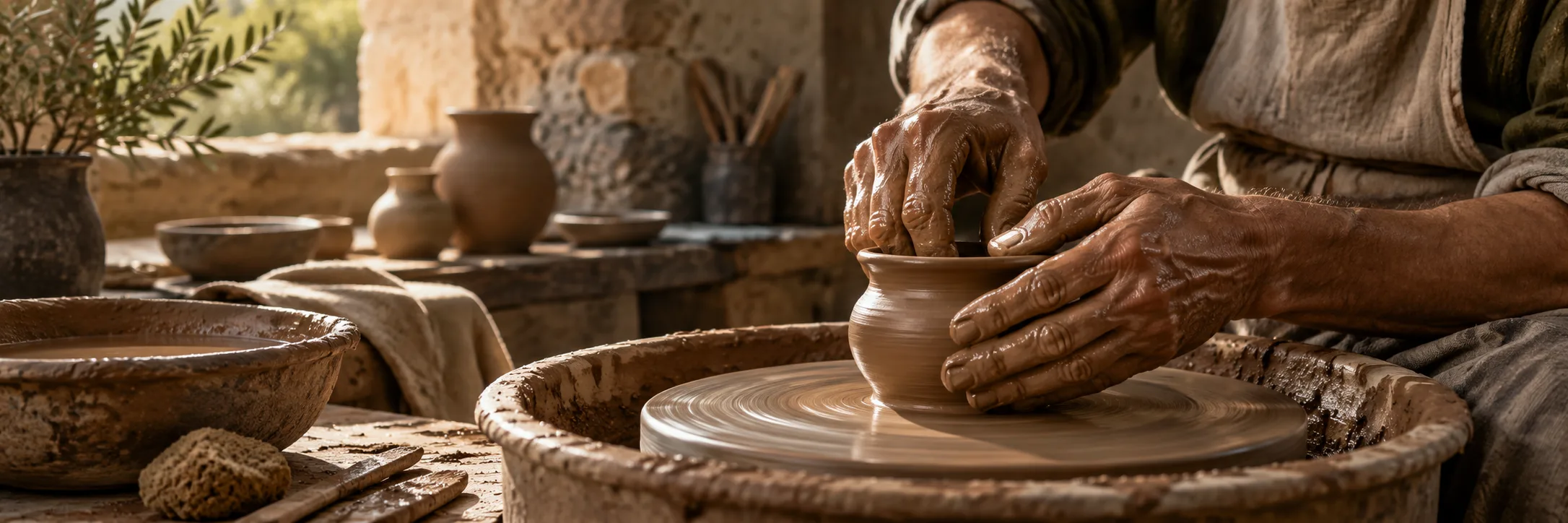 Clay-covered hands shape a vessel on a potter's wheel.