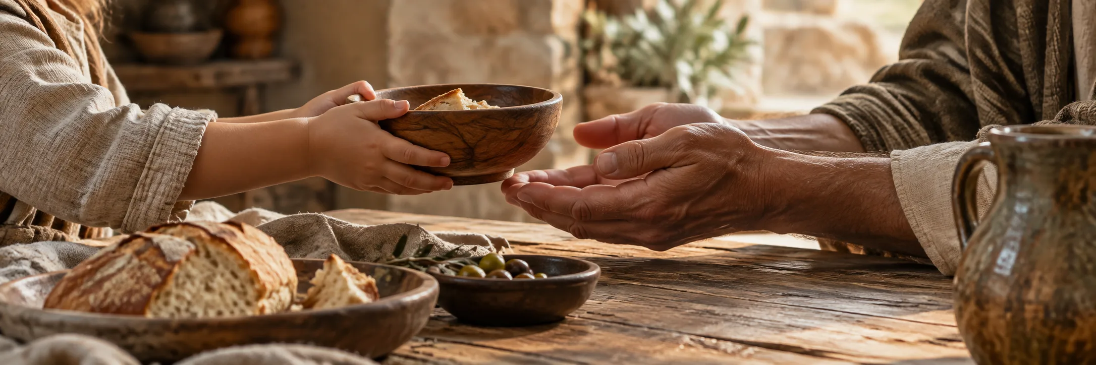 A child passes a wooden bowl to an adult's open hands.