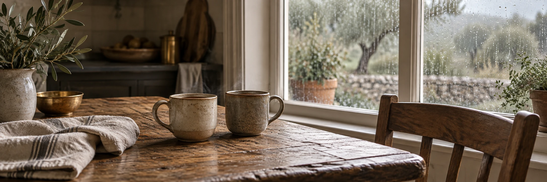 Two earthenware mugs and a folded linen cloth sit on a weathered kitchen table beside a rain-speckled window and an empty wooden chair.