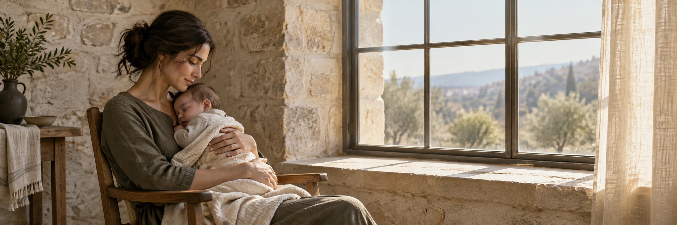 A mother holds her sleeping infant beside a broad sunlit window, with a linen blanket and warm weathered stone walls.