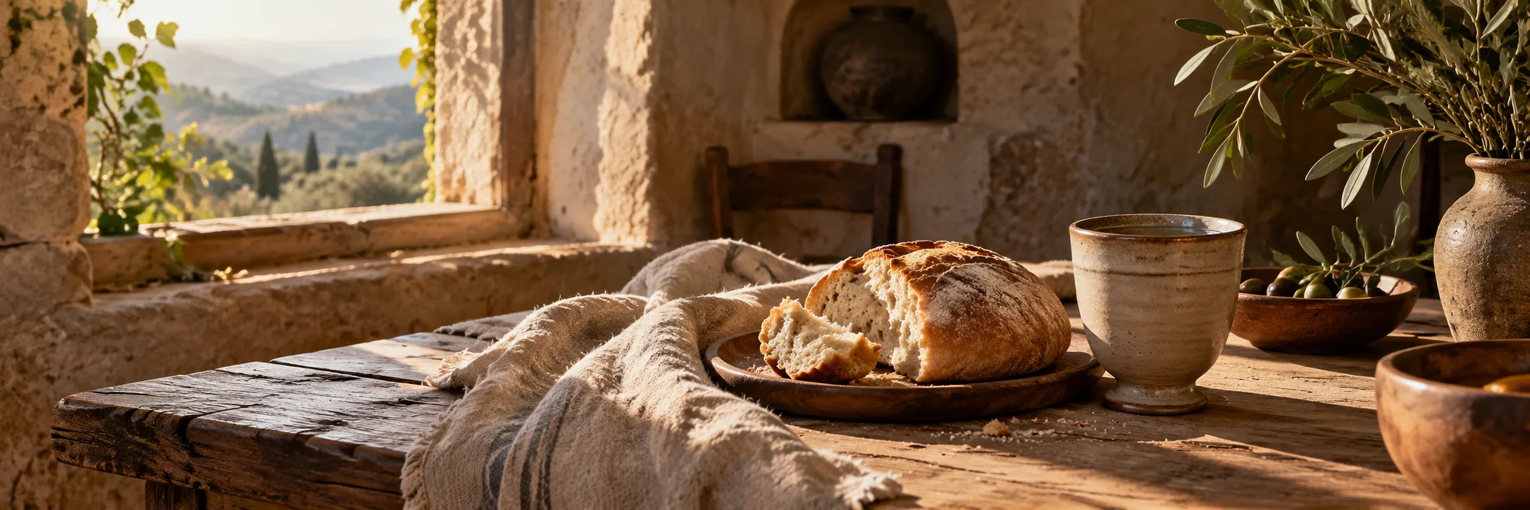 Bread, water, and linen on a rustic table in morning light.