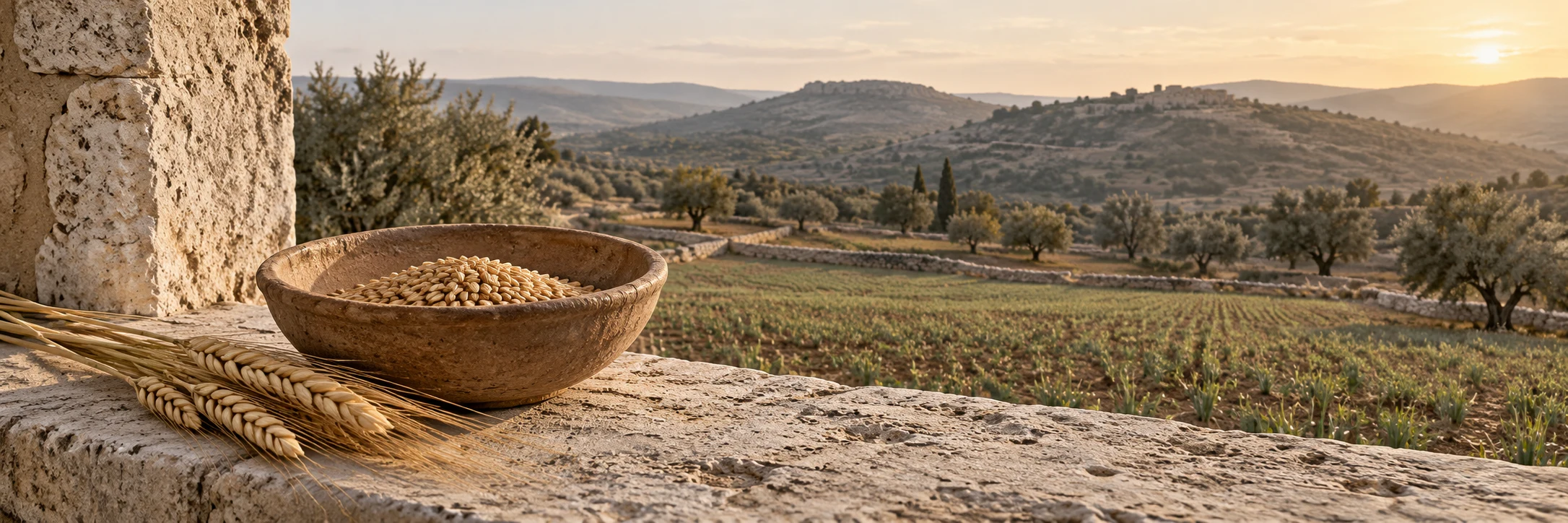 A clay bowl of barley grains and cut stalks rests on a limestone windowsill overlooking a small field and olive-covered hills in warm afternoon light.