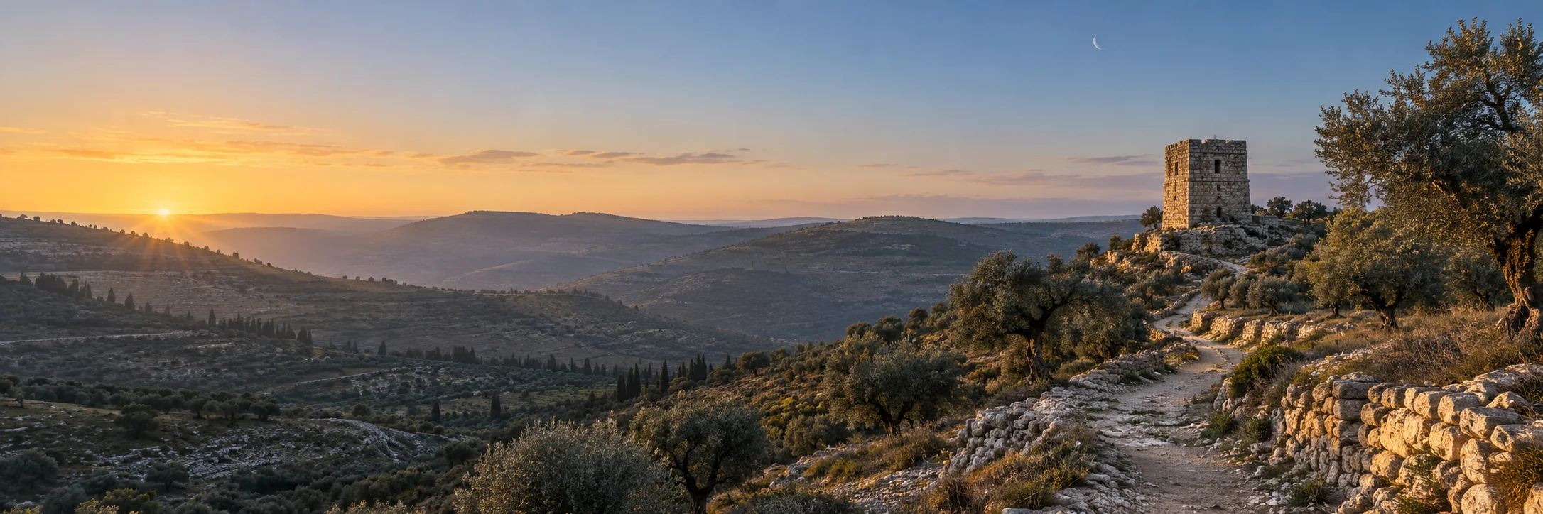 A stone watchtower beside an olive grove path overlooks rolling hills at dawn.